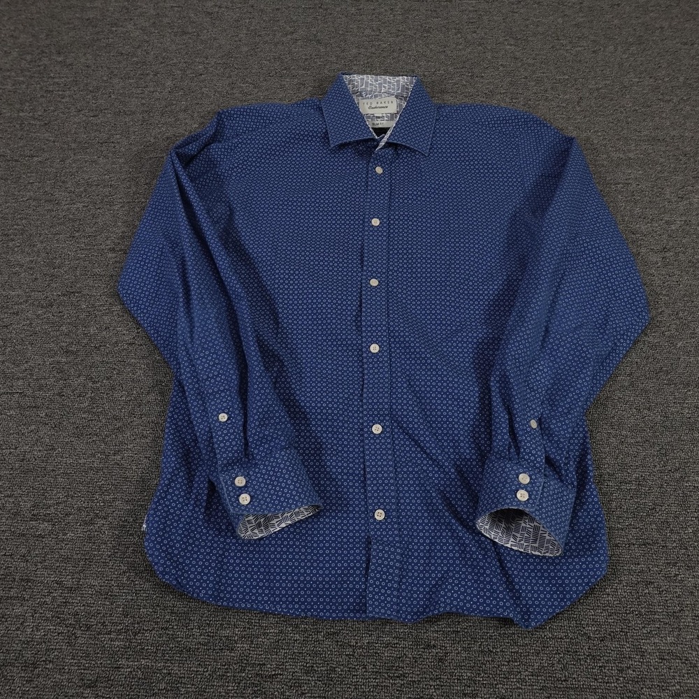 Ted Baker Endurance Dress Shirt Mens 15.5 Blue Geometric Slim Fit Long Sleeve